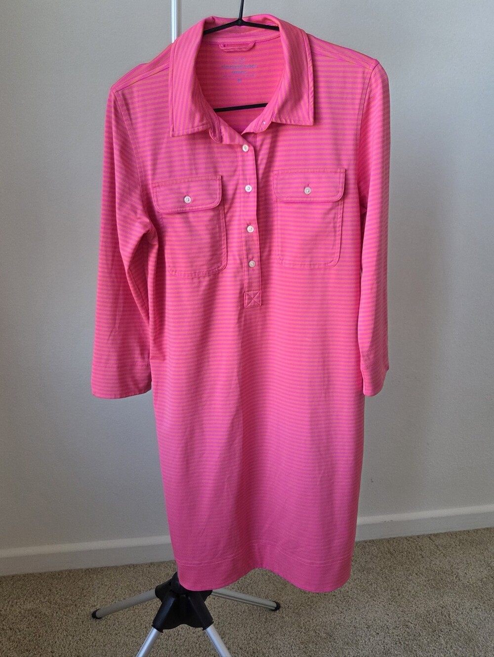 Vineyard Vines Pink Striped Polo Midi Dress 3/4 Sleeve Pockets Size M